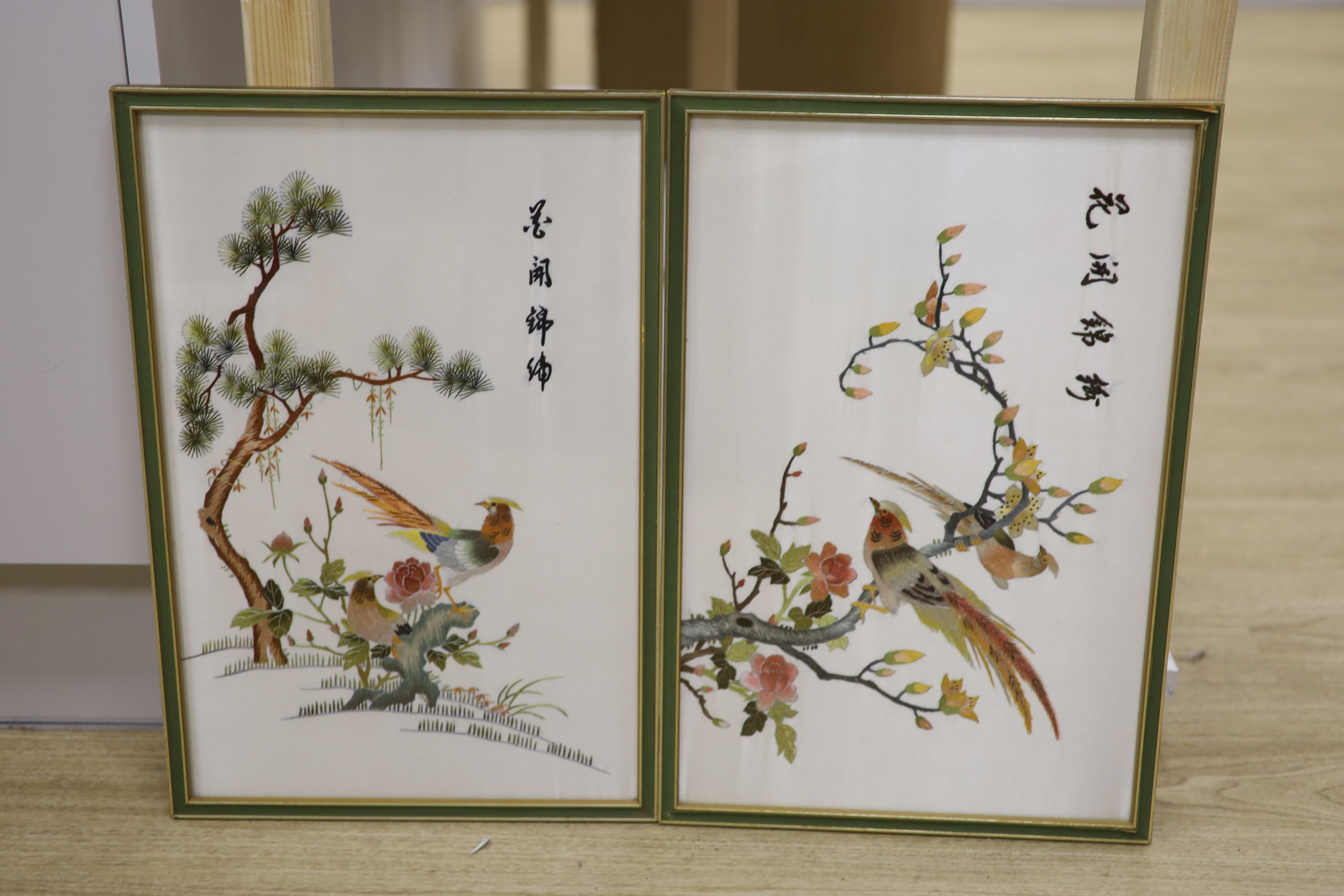 A pair of polychrome Chinese embroideries of pheasant, 28 x 43cm